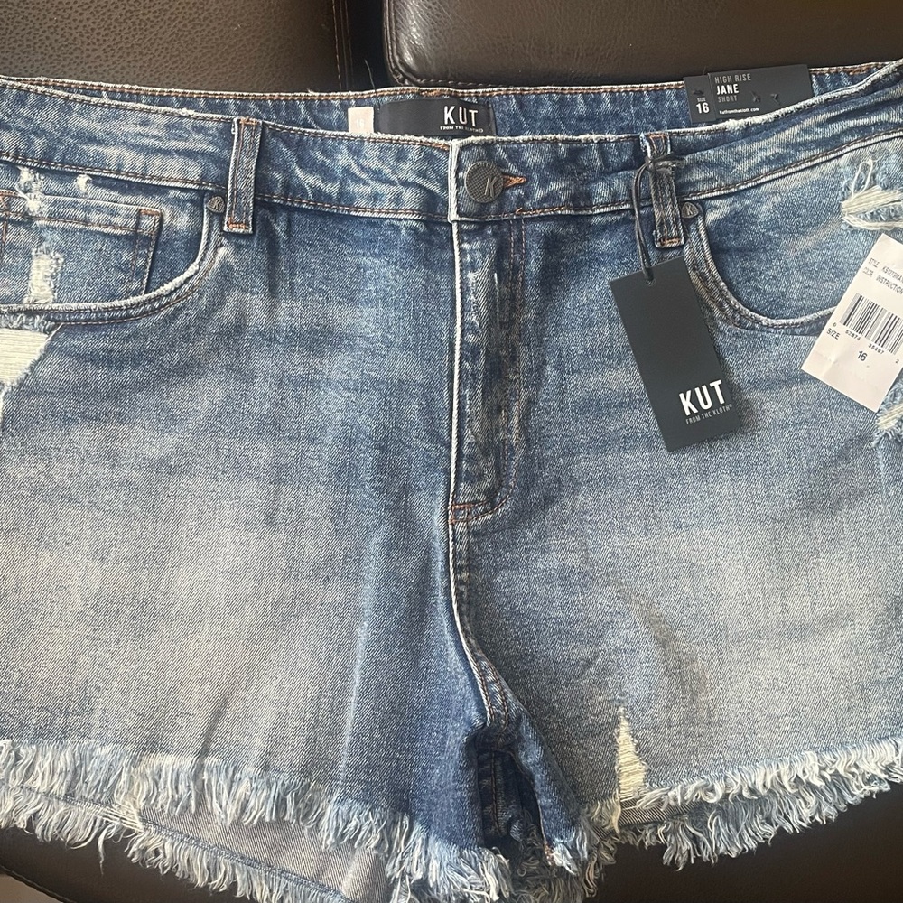 Brand New, Kut from the Kloth High-Rise Distressed Denim Shorts - Blue Size 16